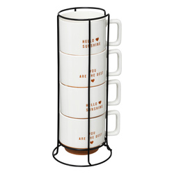 4 darabos porcelán bögre szett HELLO, fém állvánnyal, 4 x 300 ml