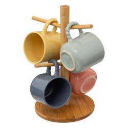 EMMA bambusz állványos 4 darabos kerámia bögre készlet, 210 ml