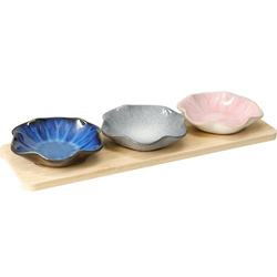 Bambusz tálalószett 3 porcelán tálkával