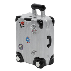 Színes kerámia malacpersely utazási motívummal