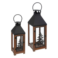 Fémkeretes és fogantyús fából készült lámpások, 2 db