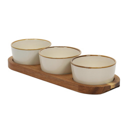 Porcelán tálkák szervírozáshoz, akácfa tálca