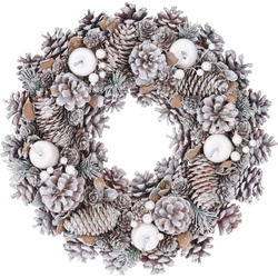 Karácsonyi koszorú, műhó és fenyőtobozok, Ø 34 cm
