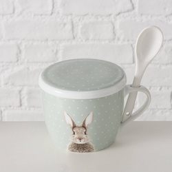 FLUFFY fedeles bögre kanállal, porcelán, nyuszi, 600 ml