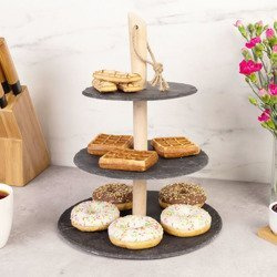 Kő torta- és snacktálca, 3 szint, fa fogantyúval