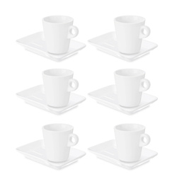 Fehér porcelán kávéscsésze készlet téglalap alakú alátéttel, 6 darab, 180 ml