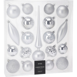 Karácsonyfadíszek készlete különböző formákban, csúccsal, 19 db.