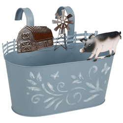 Fém virágtartó burkolat RANCH mezőgazdasági állatok mintával, 34 cm, kék