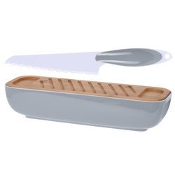 Bambuszfedeles kenyértartó, kés szettel.