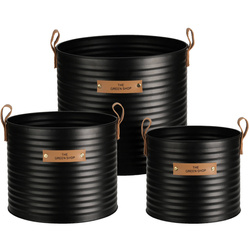 Fekete fém virágcserép THE GREEN SHOP, fogantyús doboz felirattal, 3 darab