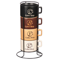 4 darabos kerámia bögre szett fém állványon, KÁVÉZÓ, 180 ml