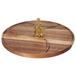 Kerek tálca snackek tálalásához NEVESSA, díszes karácsonyfa, akáciából, Ø 28 cm