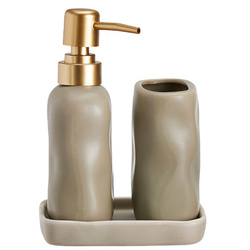 EON fürdőszobai készlet, kerámia adagoló arany pumpával, bögre és tálca, taupe