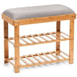 Bambusz cipősszekrény, ülőke polcokkal, fa széktámla az előszobába.