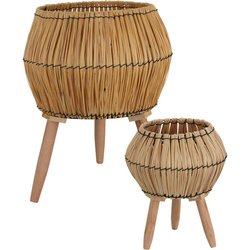 Fonott virágcserép-borító, fából készült lábakkal, 2 darab