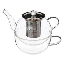 Teáskanna szűrővel és csészével, üvegből.