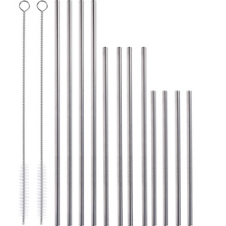 Fém szívószálak, 12 darab különböző hosszúságban + 2 tisztító.