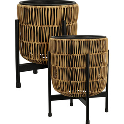 Fém lábakon álló virágcserép, technorattan burkolat, 2 db