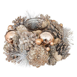 Fenyőtobozokkal és díszgömbökkel díszített gyertyatartó, arany színű