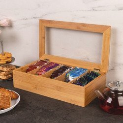 Bambusz teásdoboz, teás doboz fedéllel, 5 rekesszel