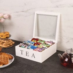 Fából készült teásdoboz TEA, 9 rekesszel, fehér