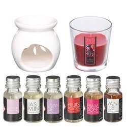 Illatcsomag: kandalló, gyertya + illóolajok, 8 elem, levendula || vanília || rózsa || jázmin || piros gyümölcs || málna