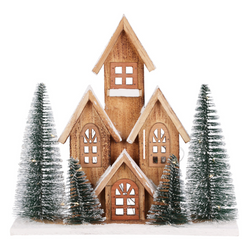 Fenyőfából készült LED-es figura, ház, 30 cm