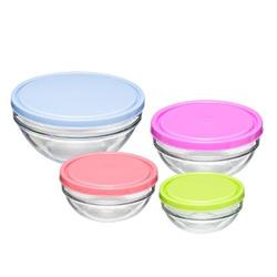 Üvegtálkák élelmiszerekhez, 4 darab, színes fedők