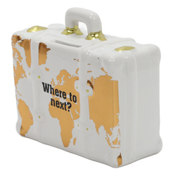 Színes kerámia malacpersely utazási motívummal