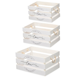 Fehér fa ládák LOVE fogantyúkkal, 3 darab