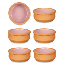 Agyagedények, mázas belsejű tálak, rózsaszínűek.