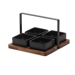 Falatozó tálkák készlete fából készült tálcán, 4 edény.