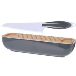 Bambuszfedeles kenyértartó, kés szettel.