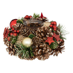 Fenyőtobozokkal és díszgömbökkel díszített gyertyatartó, 19 cm