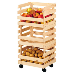 Fából készült zöldséges, masszív kerekekkel ellátott polc, tökéletes kamrába vagy pincébe.