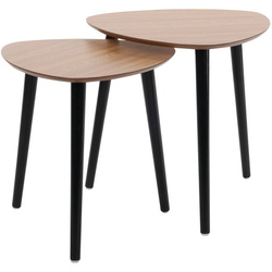 Két darab háromlábú fenyőfa kávézóasztal készlet.