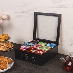 Fából készült teásdoboz TEA, 9 rekesszel, fekete