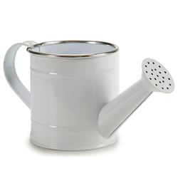 Kaspó öntözőkanna formájú, fém, fehér.