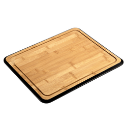 Bambusz vágódeszka fekete kerettel és bemélyedéssel.
