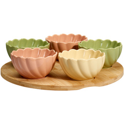 Snack tálkák virágokkal bambusz tálcán, 5 tálka + deszka