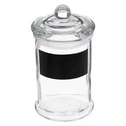 Süteményes üveg, fekete címkével a név felírásához.