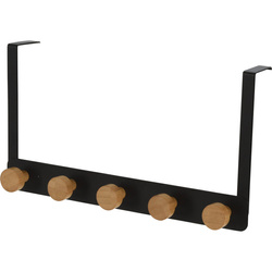 Fekete, fém ajtóra akasztható fogas, 5 fa fogantyúval, 33,5 cm