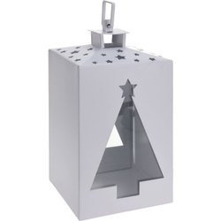 Fém lámpás ólomüveggel és karácsonyfával, 24 cm