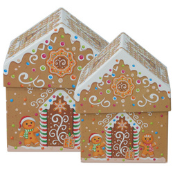 Karácsonyi dobozok ház formájúak, 2 darabos készlet, világosbarna