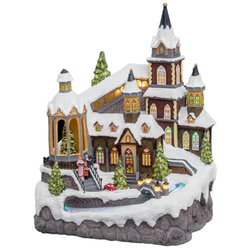 Karácsonyi városka, ünnepi jelenet templommal és folyóval