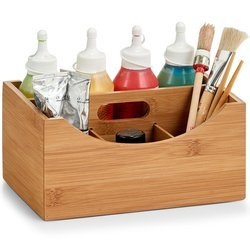 Bambusz tároló edény fogantyúval, szervező rekeszekkel a tárgyak tárolására, esztétikus doboz.