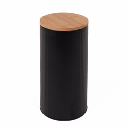 Fekete, fém konyhai tárolóedény, bambusz fedéllel, 1,6 l űrtartalommal.