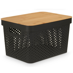 Nagy műanyag tároló bambusz fedéllel, 36 x 26 x 22 cm