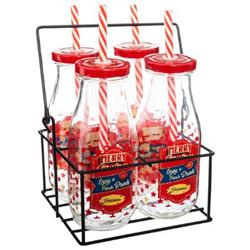 MERRY X-MASS ünnepi készlet: 4x üveg, szívószál, fém állvány, piros