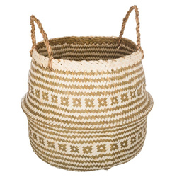 Tengeri fűből készült kosár etnikai mintával, 35x30cm, fehér